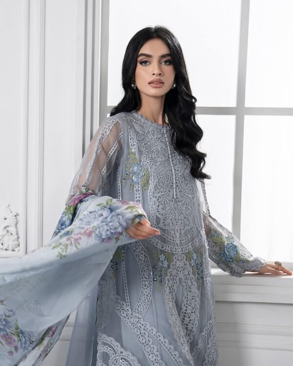 Elegant Sky Blue Embroidered Chiffon Eid Outfit