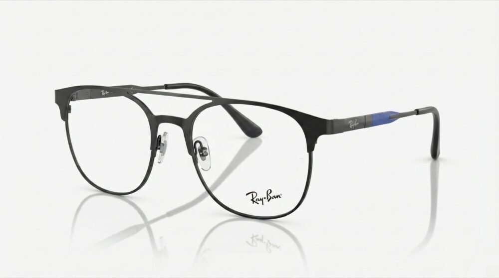 ​Ray-Ban Premium Semi-Rimless Double-Bridge Eyeglasses – Matte Black with Blue Temple Accents