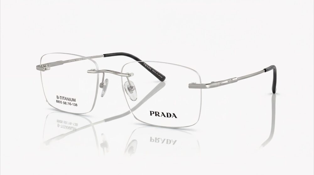 Prada B-Titanium Rimless Eyeglasses Silver Titanium Frame (Model 8805, Lens Width 58mm, Bridge 16mm, Temple 138mm) - Made in Japan