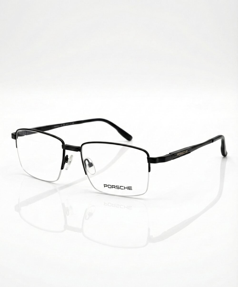 Porsche Design-Inspired Black Semi-Rimless Eyeglasses | Premium Metal Half-Frame Clear Lenses | Eye Zone US