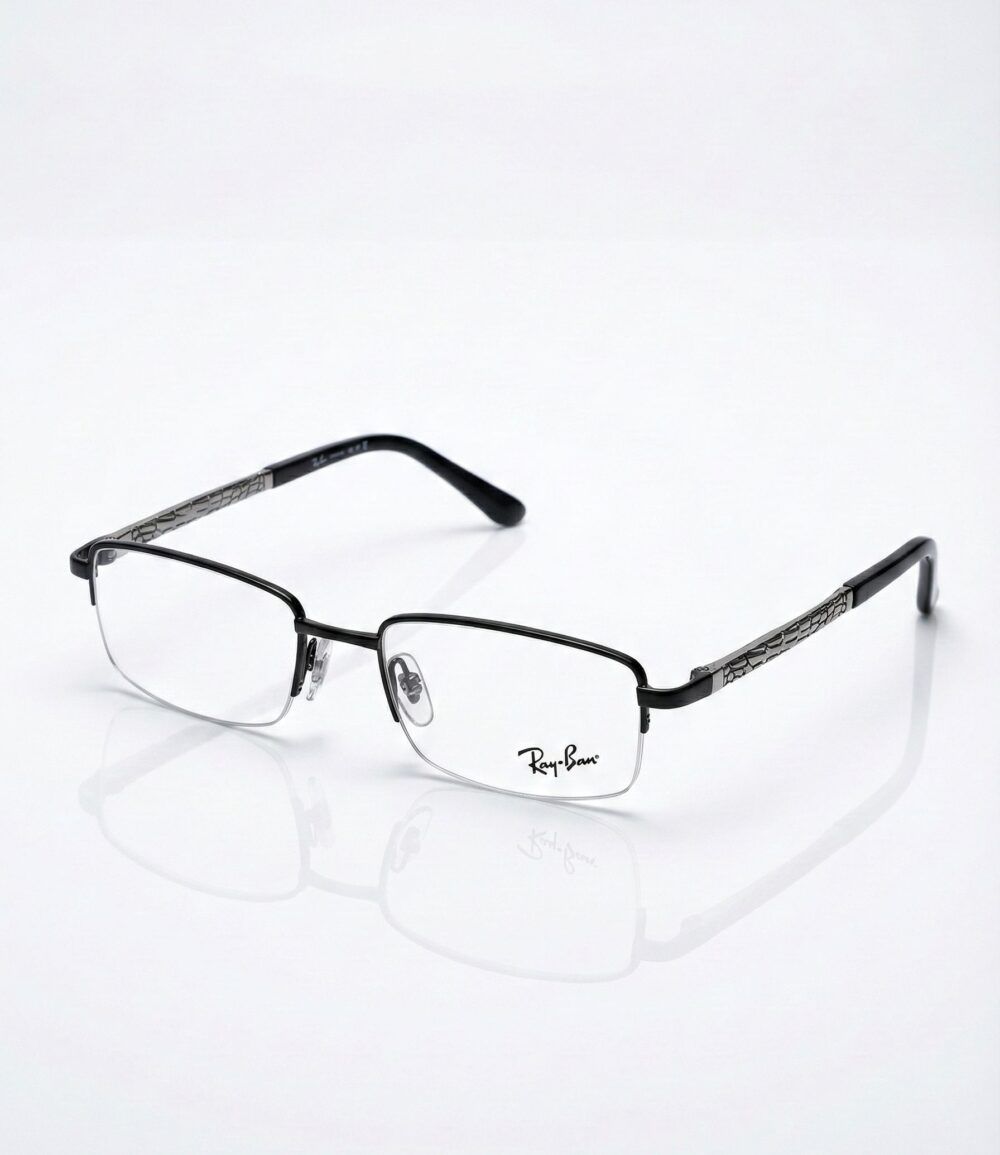 Ray-Ban Inspired Black Semi-Rimless Eyeglasses | Classic Patterned Temples Metal Frames | Eye Zone US