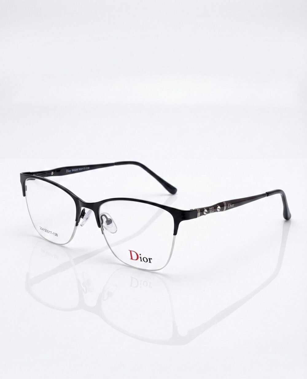 Dior-Inspired Black Semi-Rimless Eyeglasses | Luxury Metal Half-Frame with Logo Temples | Eye Zone US