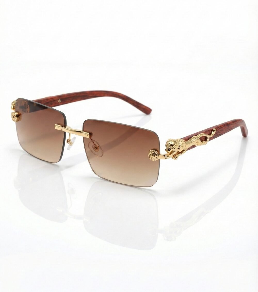 Cartier Panthère Luxury Rectangle Sunglasses – Gold Jaguar Rimless Frame with Brown Wood Temples