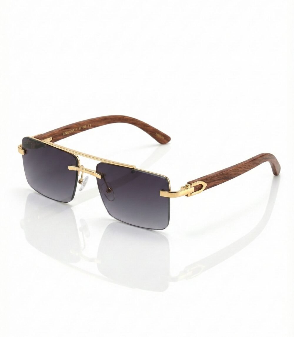 Cartier Luxury Rectangle Sunglasses – Gold-Tone Rimless Eyewear with Premium Wood Temples (Signature Edition)