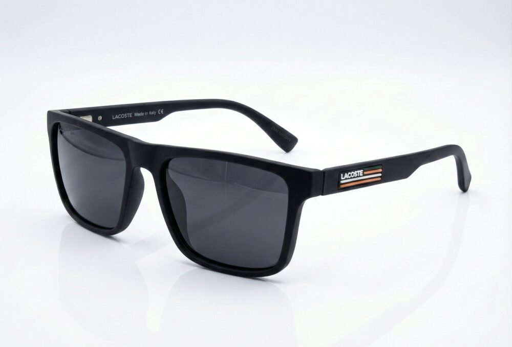 Premium Lacoste-Inspired Matte Black Square Sunglasses for Men | Tricolor Stripe Logo Flat Top Design - Anmol Optical
