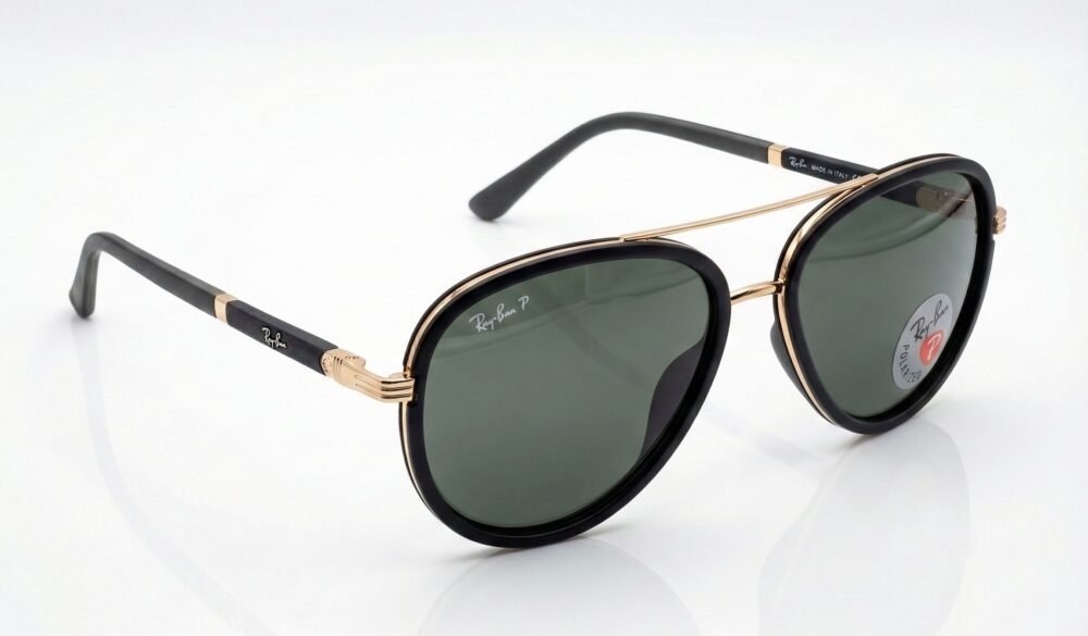 SEO Title: Premium Ray-Ban Inspired Aviator Sunglasses for Men | Black Gold Frame Polarized Green Lenses Double Bridge - Anmol Optical